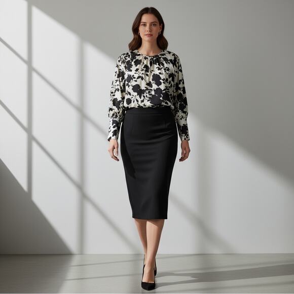 Who What Wear Black White Floral Blouse Top Size M Button Cuff Long Sleeve Chic - Picture 1 of 10